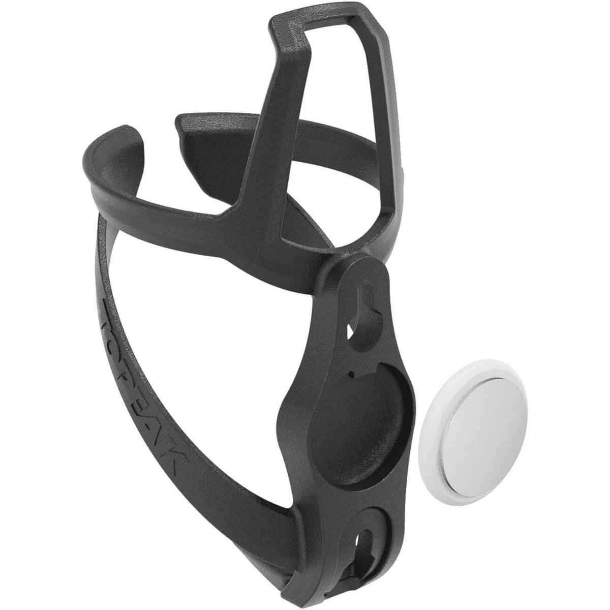 Topeak Ninja+ bidonhouder met cage voor Z Airtag, stevige fietsaccessoire met zwart metalen frame en bevestigingsclip.