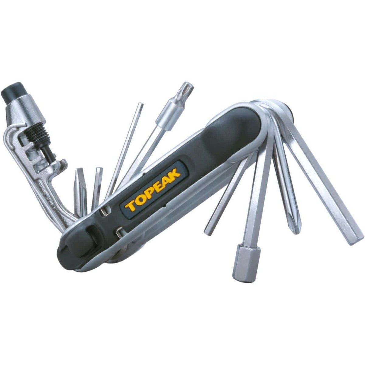 Topeak Hexus/Hummer II 16-in-1 multitool met platte schroevendraaier en inbussleutels, liggend op een werktafel