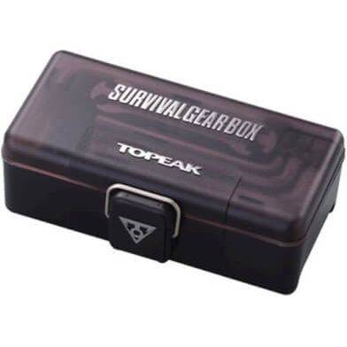 Topeak Survival Gear Box+ gereedschapskoffer met houder voor fietsreparaties en kampeeruitrusting.