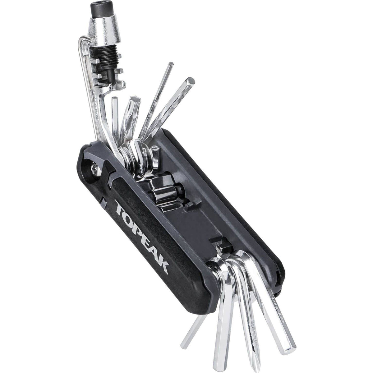 Topeak Minitool Hexus X, compacte multigereedschap voor fietsreparaties, met verschillende inbussleutels en schroevendraaiers.