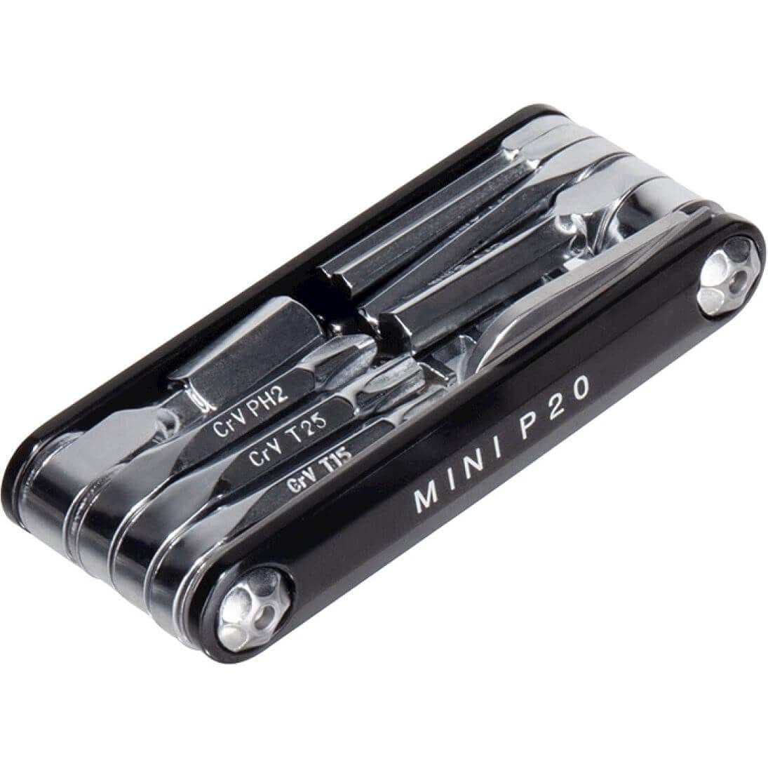 Topeak Minitool Mini P20 zwart multitool met verschillende sleutels en schroevendraaiers op een neutrale achtergrond