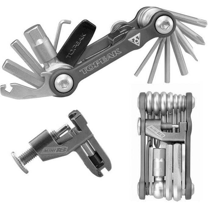 Topeak Minitool Mini 18F met tasje, compact fietsgereedschap met verschillende schroevendraaiers en inbussleutels.