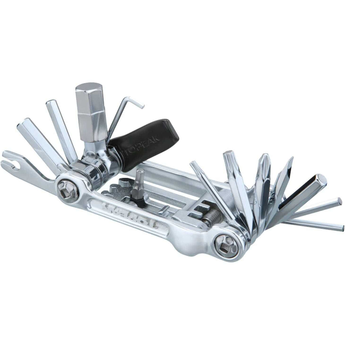 Topeak Minitool Mini 20 Pro multitool met diverse gereedschappen en metalen behuizing, geschikt voor fietsreparaties.