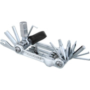 Topeak Minitool Mini 20 Pro multitool met diverse gereedschappen en metalen behuizing, geschikt voor fietsreparaties.