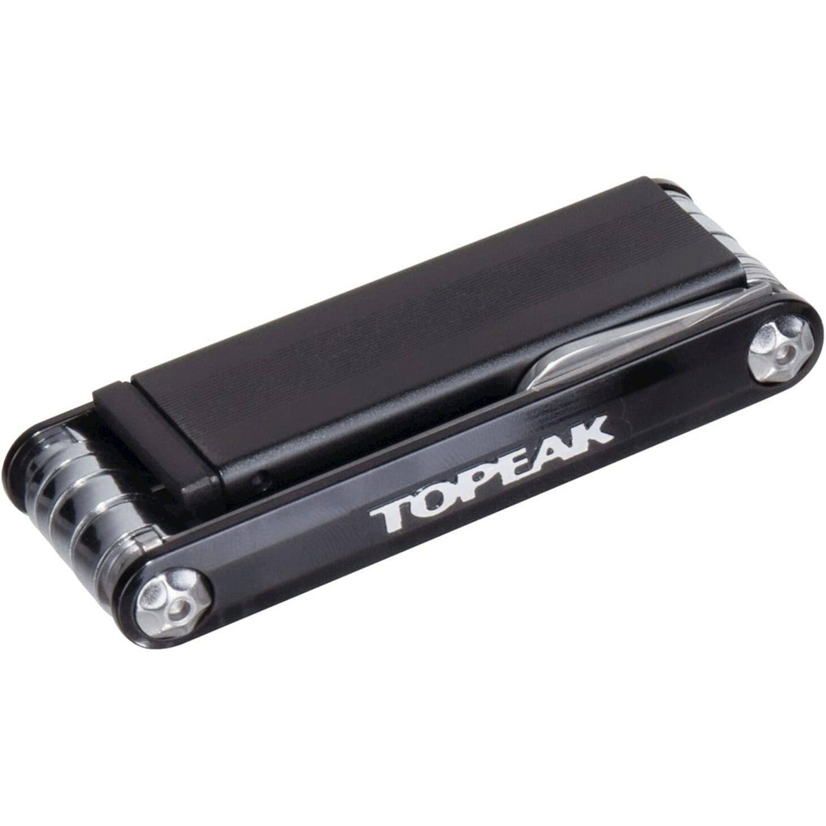 Zwart Topeak Minitool Tubi 18 met diverse gereedschappen voor reparaties en onderhoud aan fietsen.