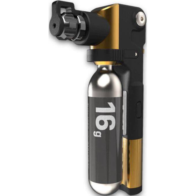 Topeak Tubi Master+ minipomp met geïntegreerde gereedschappen en drukmeter, geschikt voor fietsbanden.