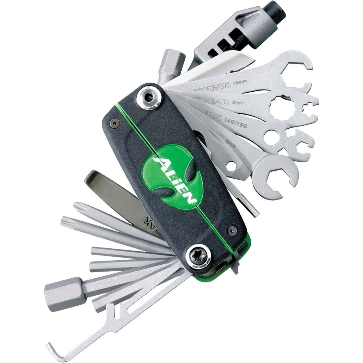 Topeak Minitool Alien 3, compacte multifunctionele gereedschap voor fietsreparaties en onderhoud, zwart met verschillende bitjes.