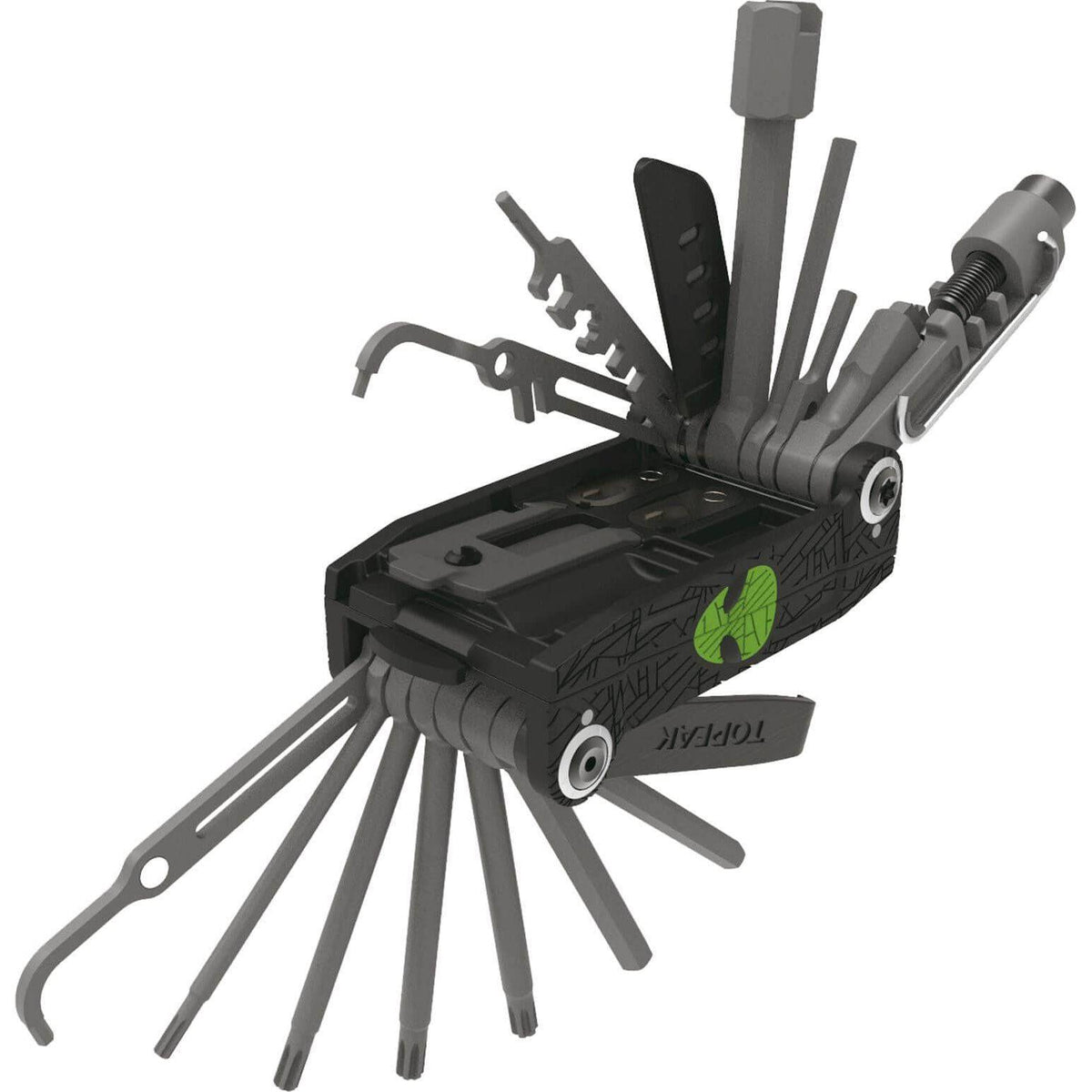 Topeak Minitool Alien X multitool met verschillende sleutels en schroevendraaiers, compact en handig voor fietsen.