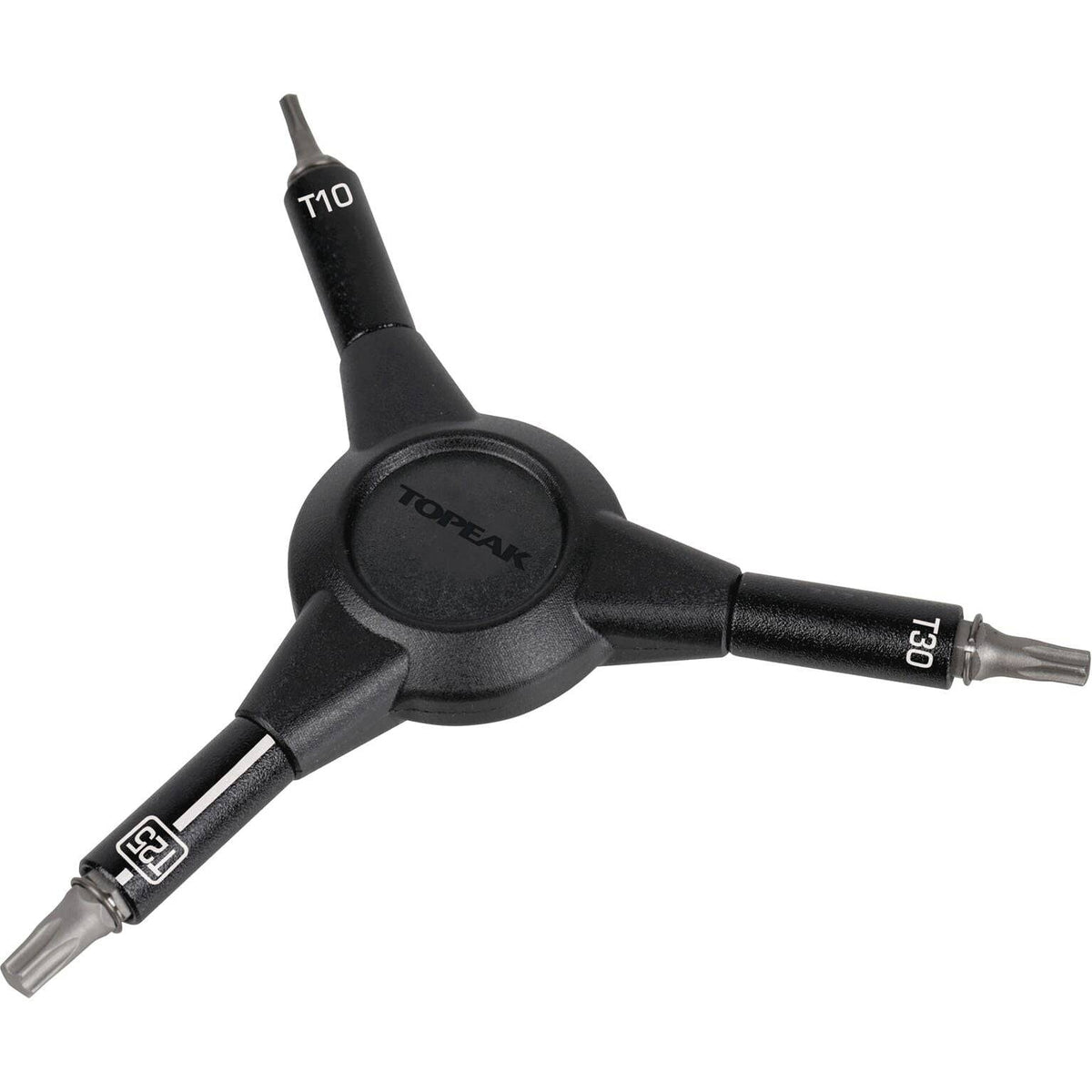 Topeak Y-Torxsleutel T10/T25/T30 voor fietsen, geschikt voor diverse schroeven en reparaties, ligt op een werkbank.