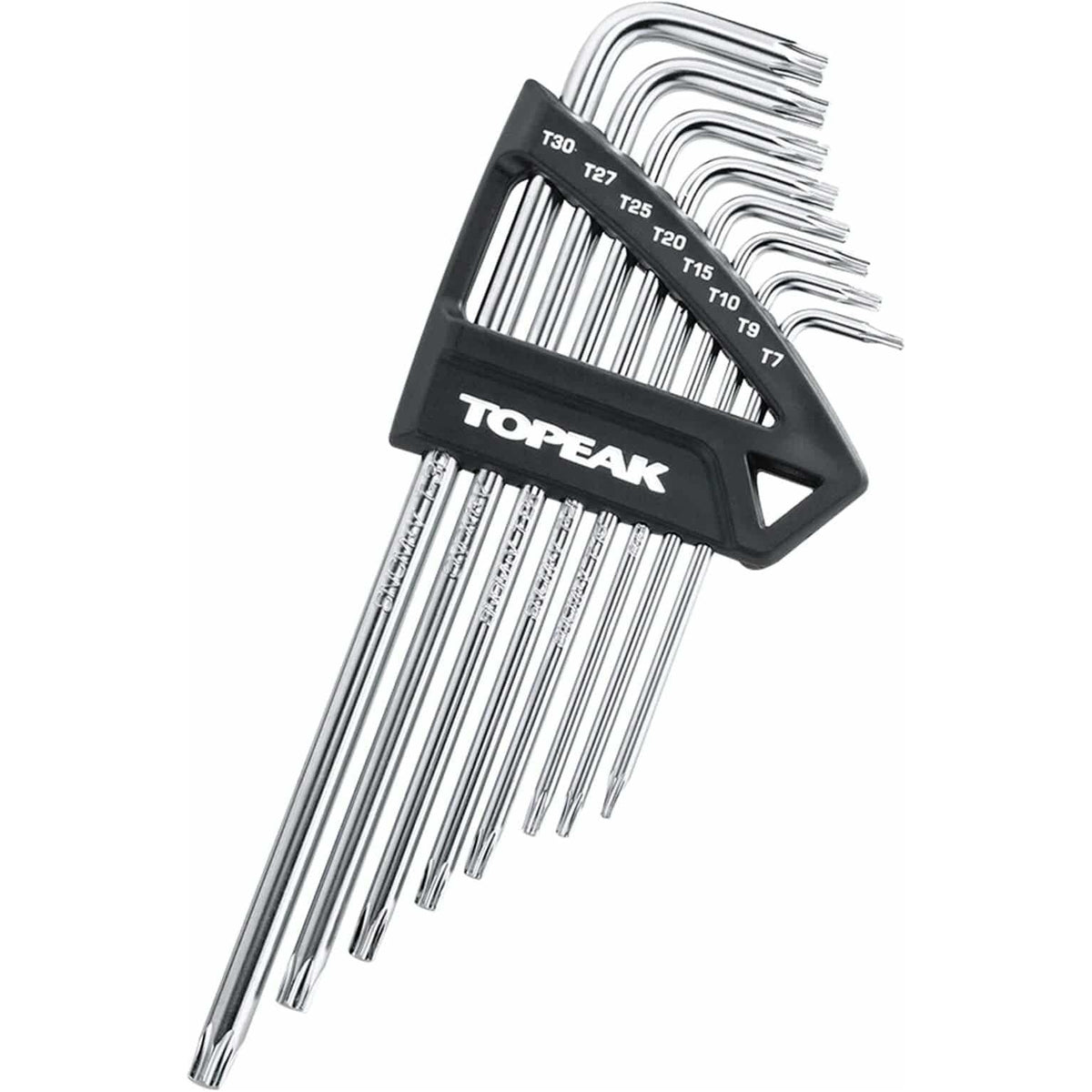 Topeak Torx sleutels set met verschillende T-vormige inbussleutels voor fietsreparaties en onderhoud.