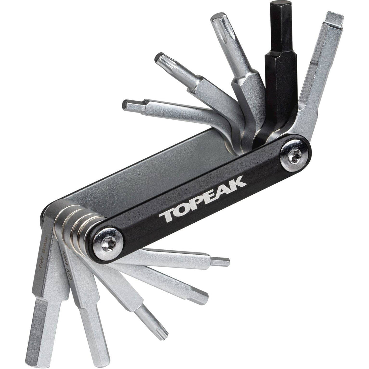 Topeak Nano 11 multitool inbussleutel met meerdere sleutels en compact ontwerp voor fietsreparaties, zwart kunststof handvat.