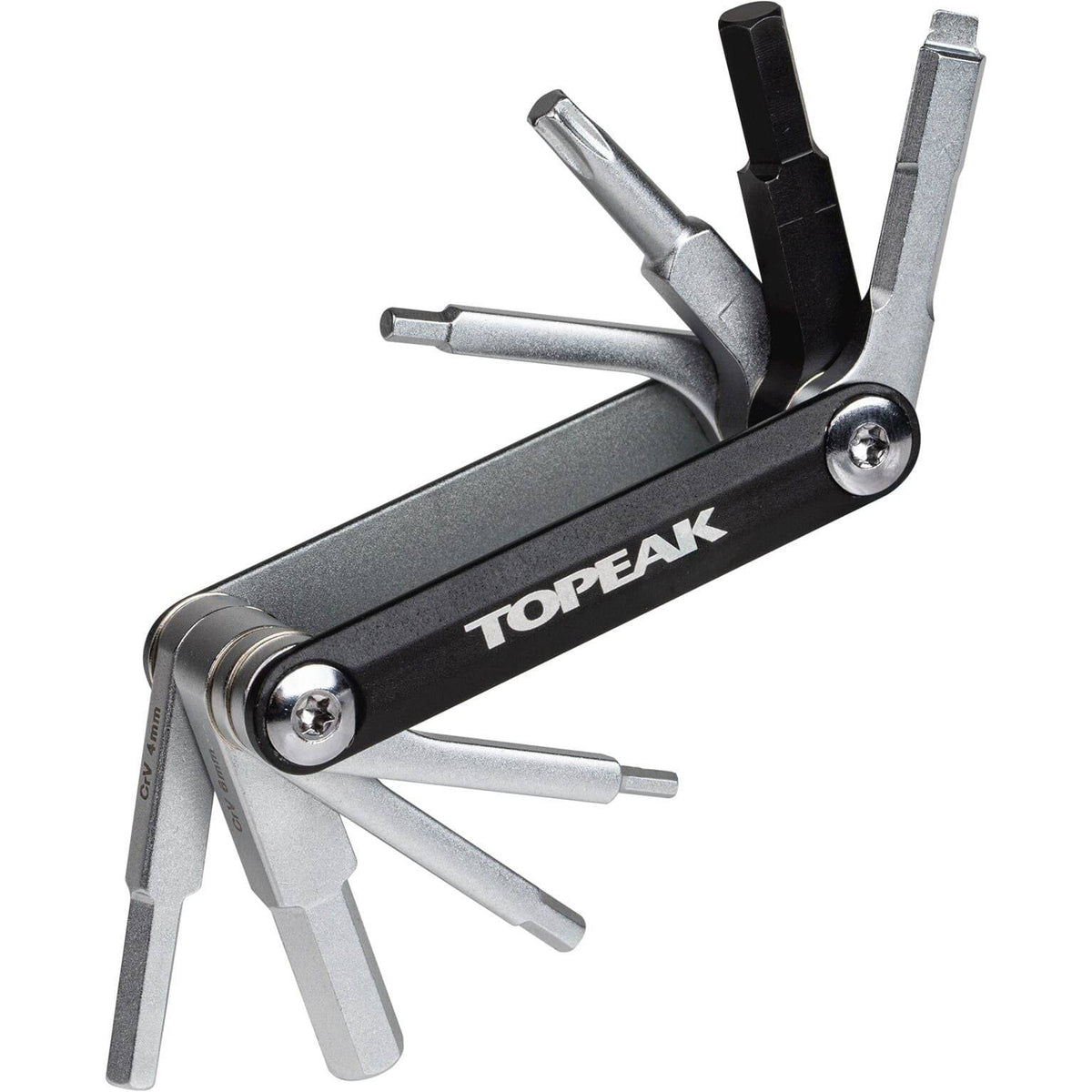 Topeak Nano 9 multitool met inbussleutel en kleine gereedschappen voor fietsreparaties, compact en handzaam.