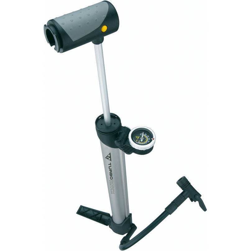 Topeak Minipomp Turbo Morph, compacte fietspomp met uitklapbare handgreep en drukmeter, geschikt voor onderweg.