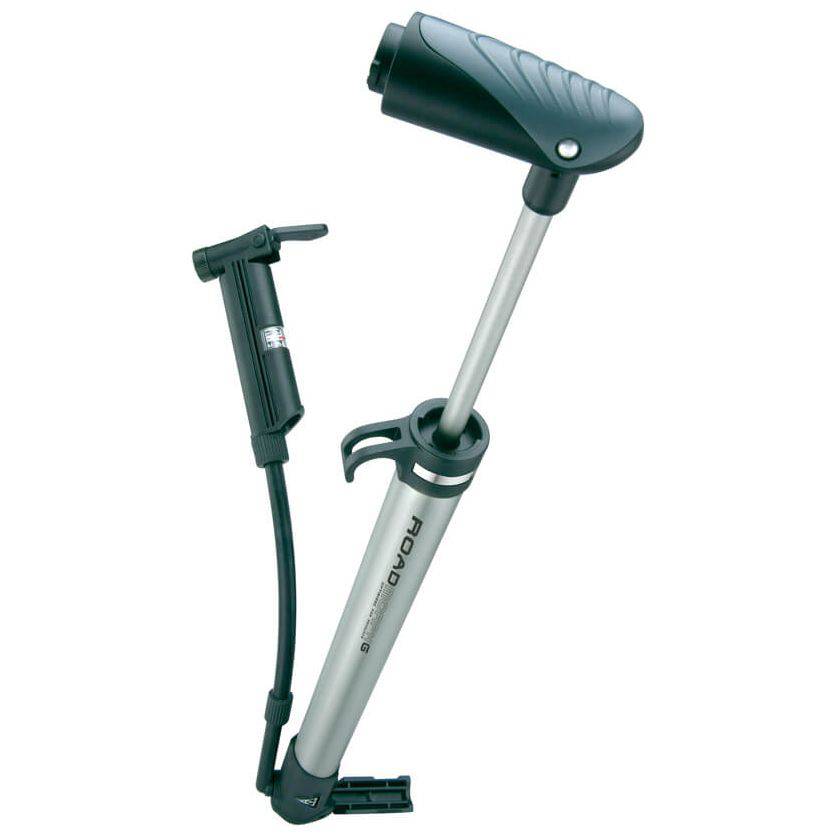 Topeak Minipomp Road Morph G en Mano, compacte fietspomp met digitale drukmeter en stevige handgreep voor onderweg.