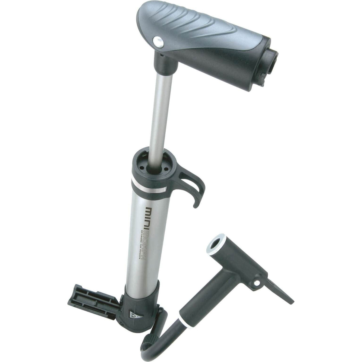 Topeak Minipomp Mini Morph, compacte fietspomp met verstelbare kop voor inflatie van banden en accessoires.