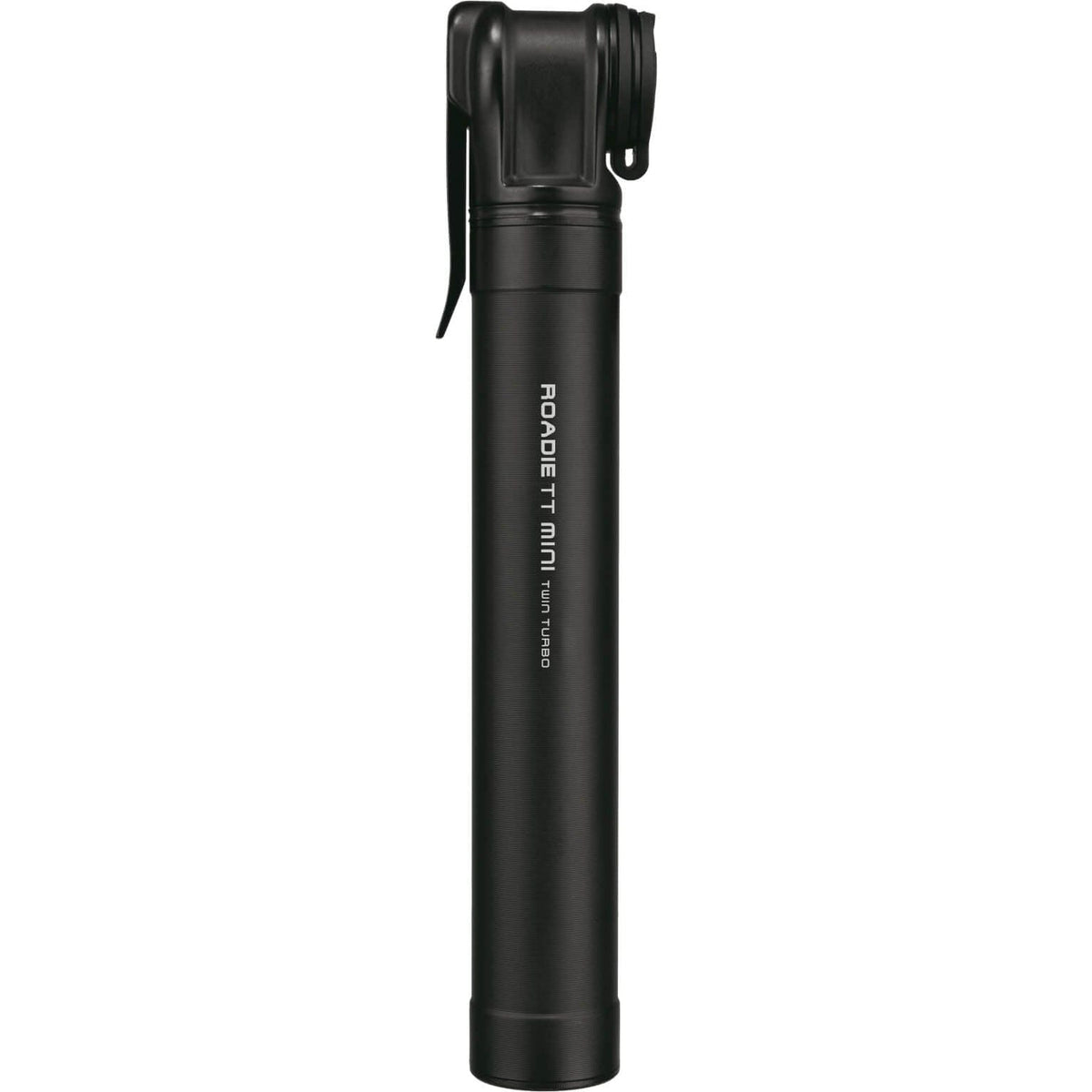 Zwarte Topeak Roadie TT mini pomp, compacte fietspomp voor snel banden oppompen, ideaal voor onderweg.