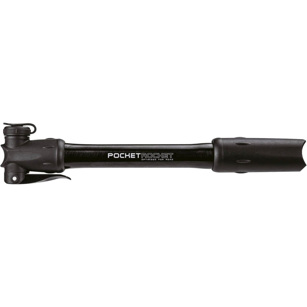 Zwarte Topeak Minipomp Pocket Rocket voor fietsbanden, compacte en draagbare fietspomp in beeld.