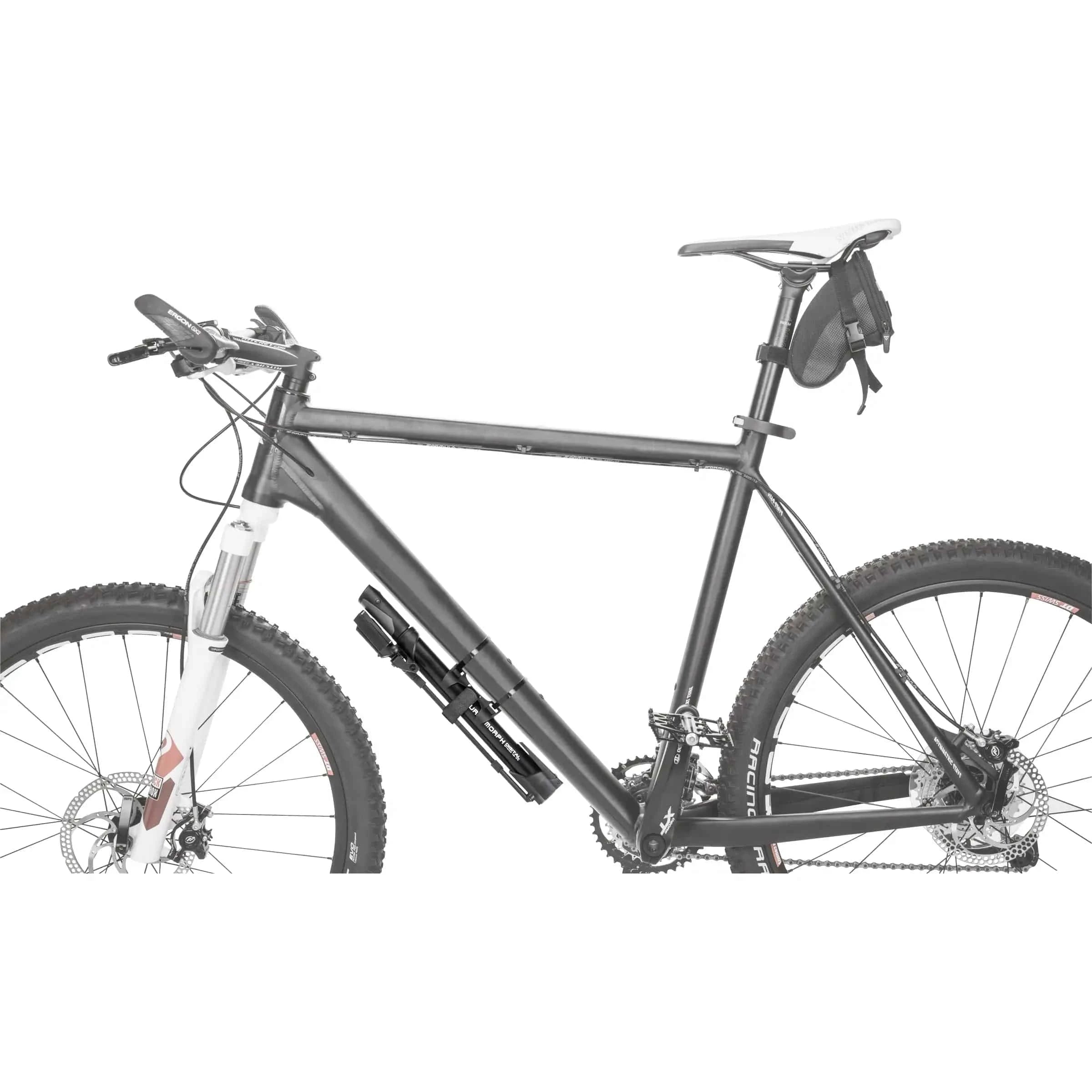 Topeak Minipomp Turbo Morph Digital, compacte fietspomp met digitale drukmeter en flexibele slang voor gemakkelijk oppompen.