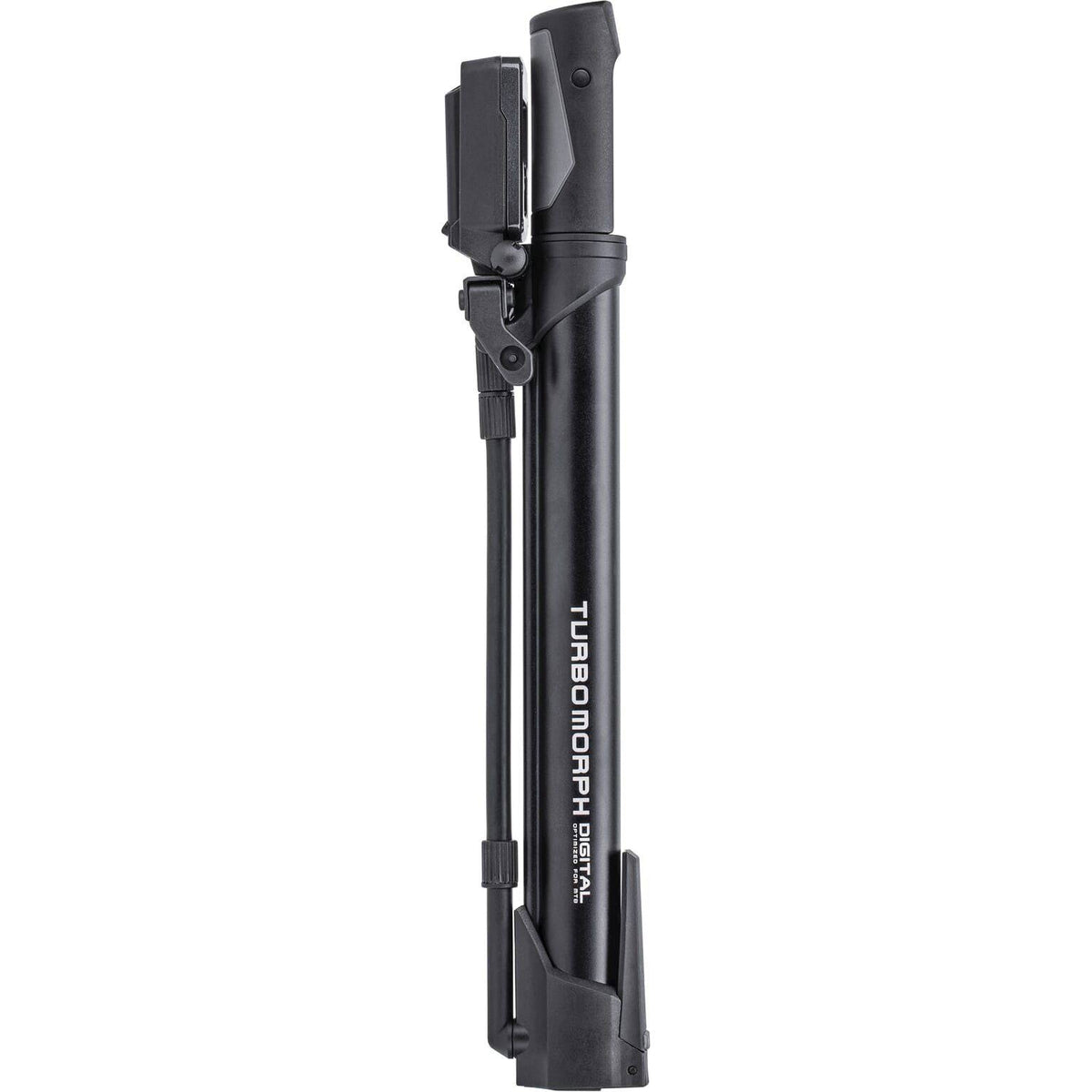 Topeak Minipomp Turbo Morph Digital, compacte fietspomp met digitale manometer en uitschuifbare slangaansluiting.