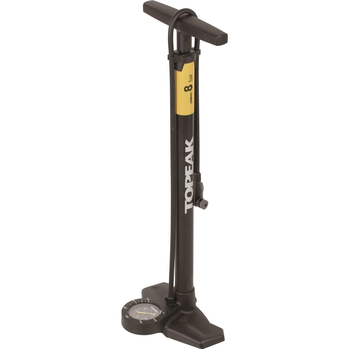 Topeak Joeblow Urban Ex vloerpomp met digitale manometer en stevige handvat voor fietsbanden.