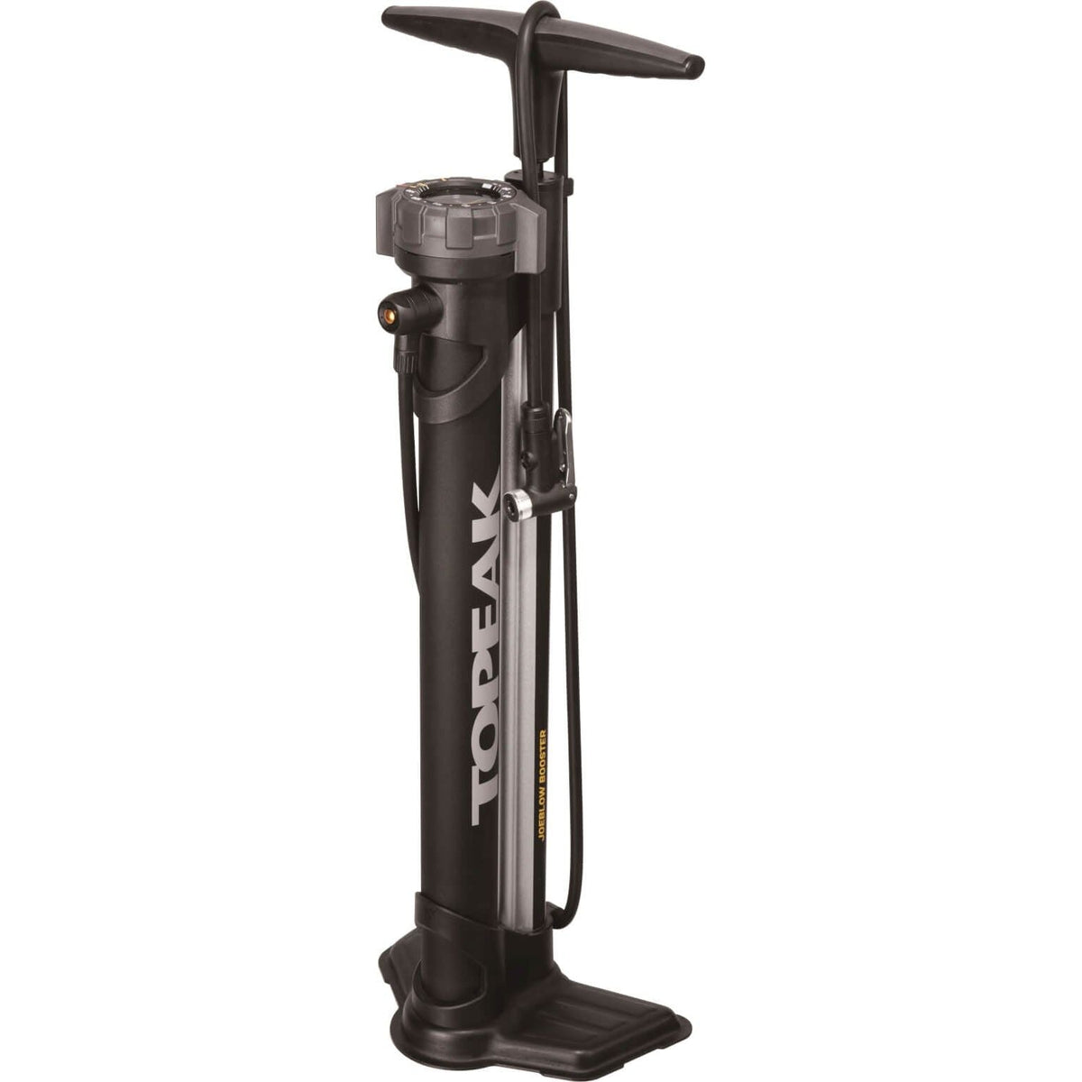 Zwarte Topeak Joeblow Booster vloerpomp met digitale manometer en stevige handgreep voor snel en efficiënt oppompen.