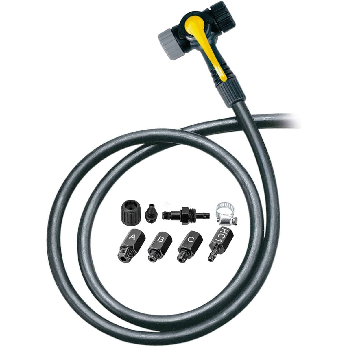 Topeak Twinhead Upgrade Kit en pompslang voor fietspompen, zichtbaar met onderdelen en slang op de afbeelding.