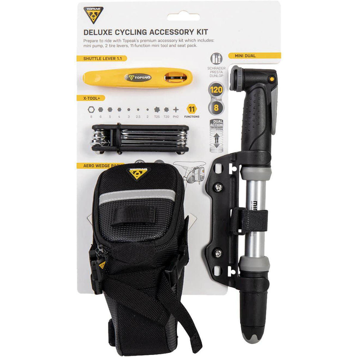 Topeak Deluxe fietsonderdeelset met minipomp en accessoires, zwart en geel, compact en draagbaar voor fietsreparaties