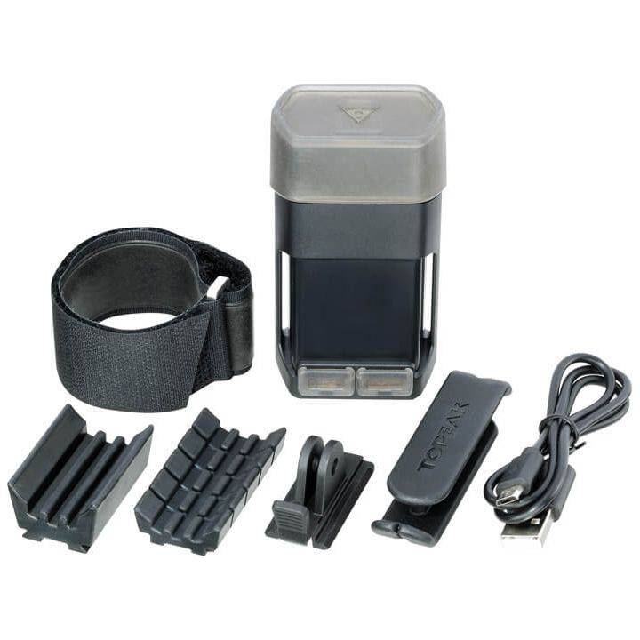 Topeak Powerpack 6000 Dual, compacte oplaadbare powerpack met dubbele USB-poorten en handvat, geschikt voor fietsen.