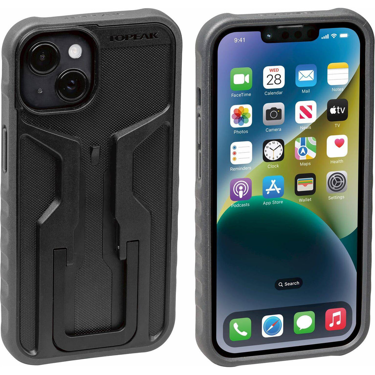 Topeak Ridecase telefoonhouder voor iPhone 14 Plus met stevige bevestiging en robuust ontwerp.