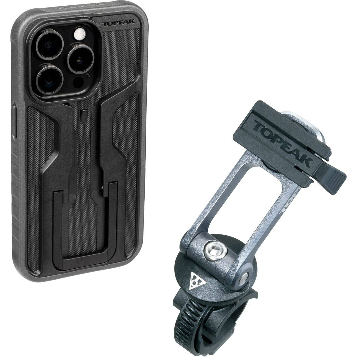 Topeak Ridecase iPhone 15 Pro telefoonhouder met bevestiging, robuust en gemakkelijk te monteren voor fietsgebruik.