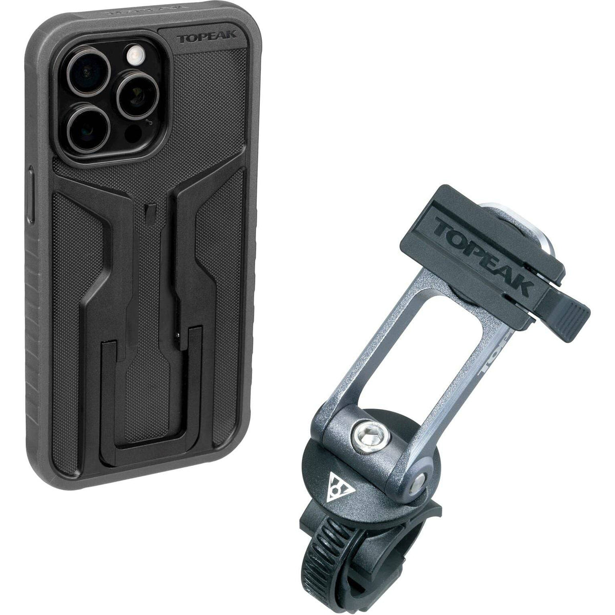 Topeak Ridecase iPhone 15 Pro Max telefoonhouder met bevestigingsbeugel, stevig en geschikt voor fietstoepassingen.