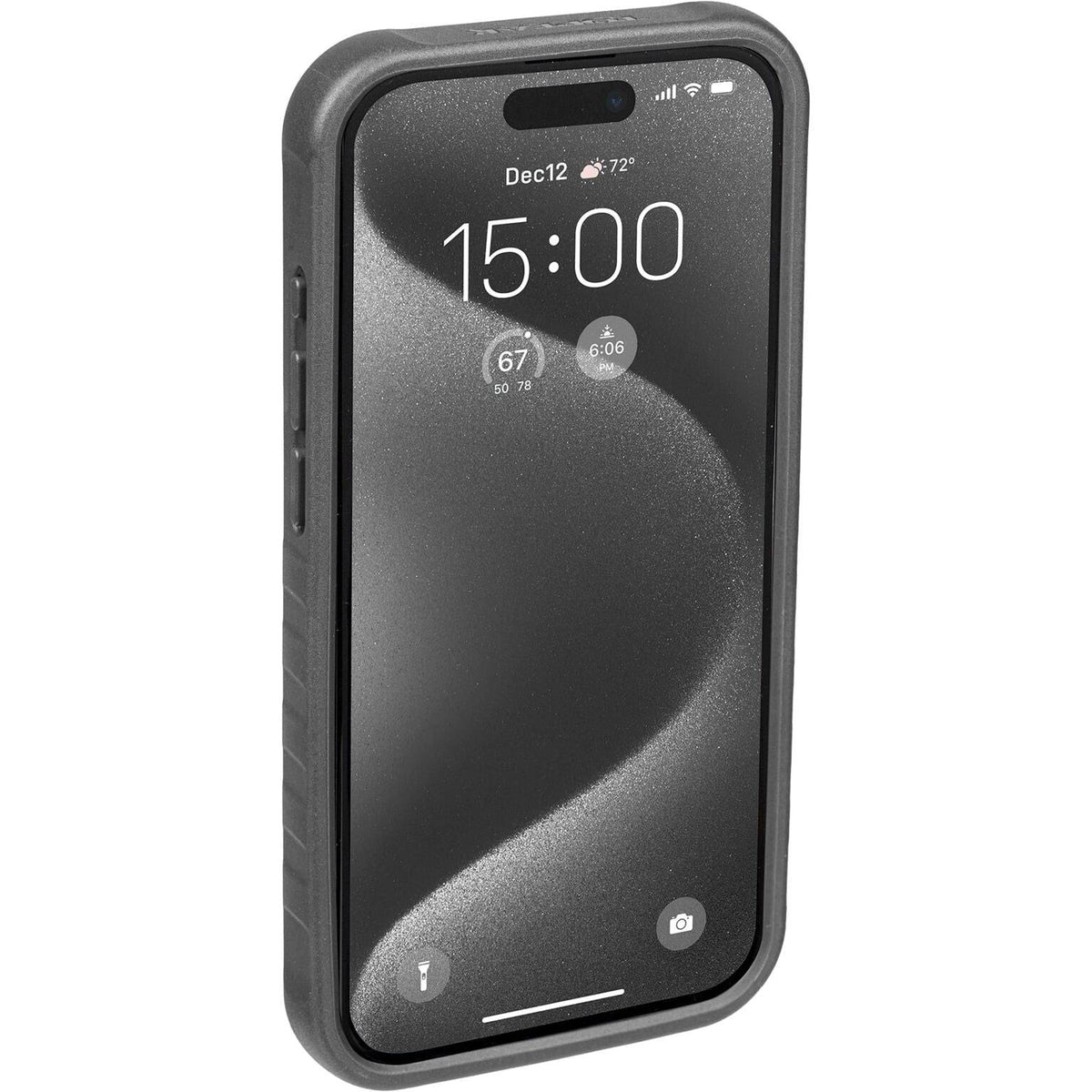 Topeak Ridecase voor iPhone 15 Pro, stevig telefoonhoesje met bevestigingsoptie, zwart kunststof ontwerp.