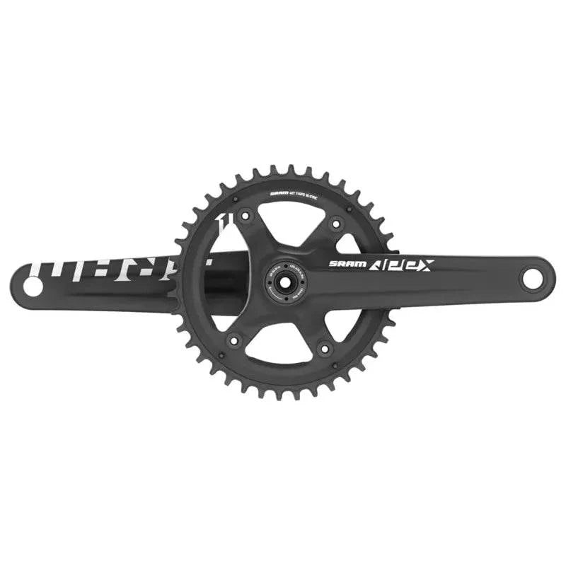 Zwart Sram Apex1 GXP 11V gravel crankstel met 42T kettingblad, zichtbaar van de zijkant, op een witte achtergrond.
