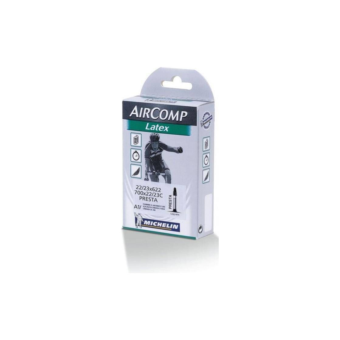Michelin binnenband 28 inch Aircomp Latex A1 met ventielen, geschikt voor fietsbanden, zichtbaar in de afbeelding.