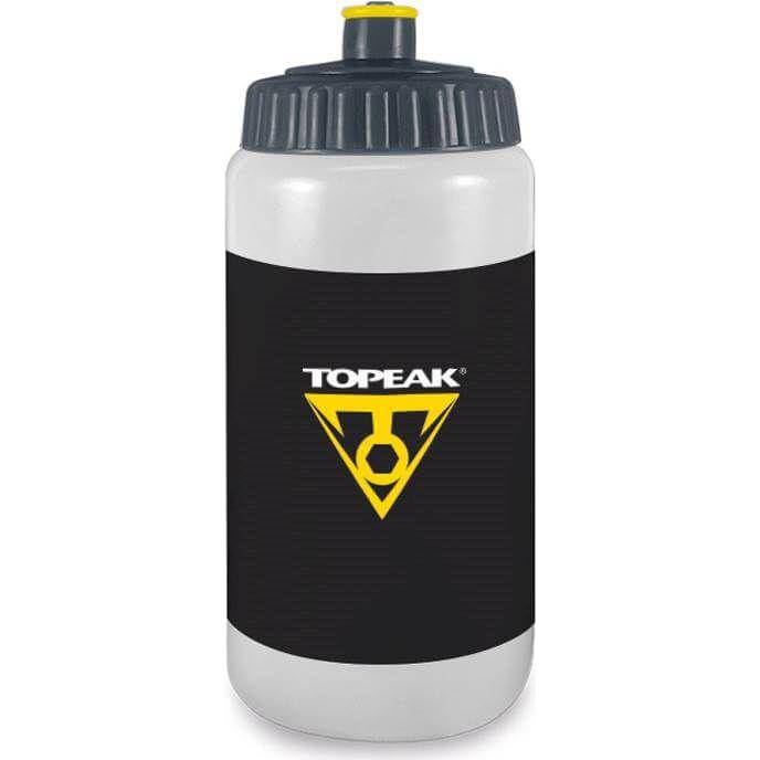 Zwart Topeak Bidon Team van kunststof met blauwe en witte details, geschikt voor fietsen en sportactiviteiten.