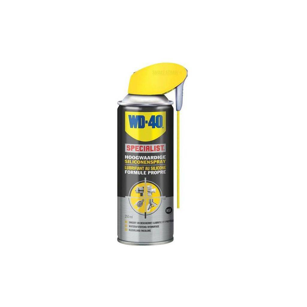 Siliconenspray van WD-40 Specialist, 250 ml, beschermt en smeert metalen en kunststoffen soepel en waterafstotend.