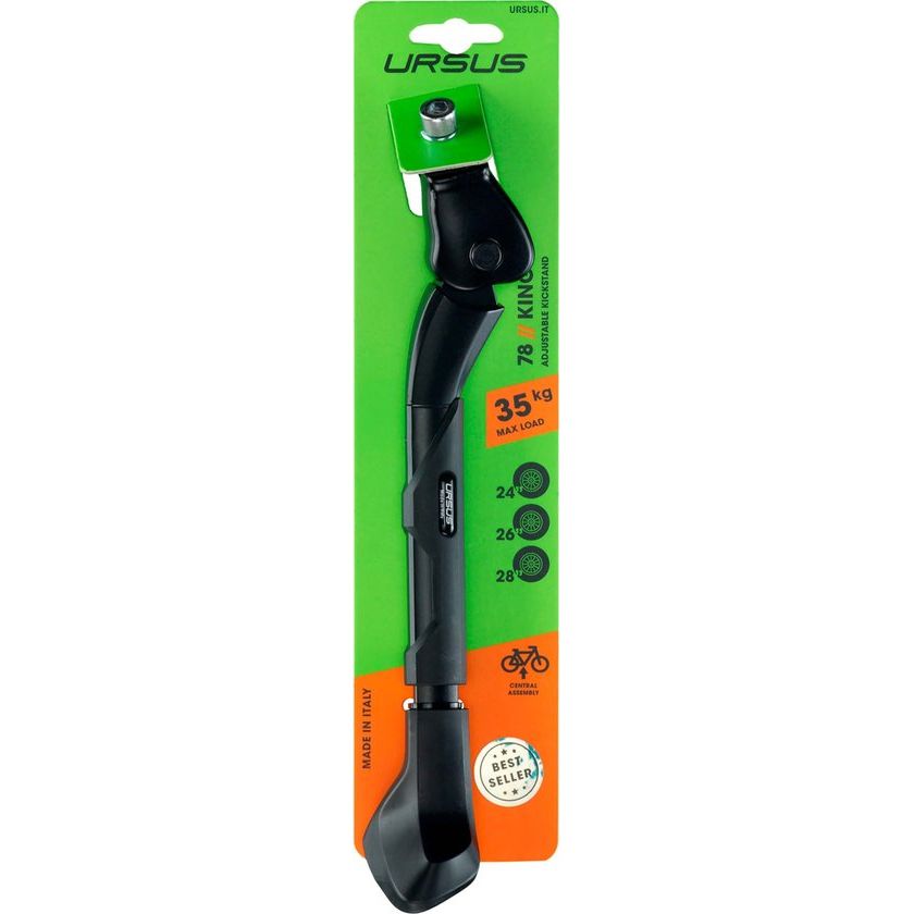 Ursus King verstelbare zijstandaard met brede bevestigingsplaat voor 24-28 inch fietsen, zwart en stevig.