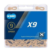 KMC X9 TI-N Gold 9-speed ketting met 114 schakels, geschikt voor fiets, glanzende gouden afwerking, duurzame ketting voor snelheidsritten