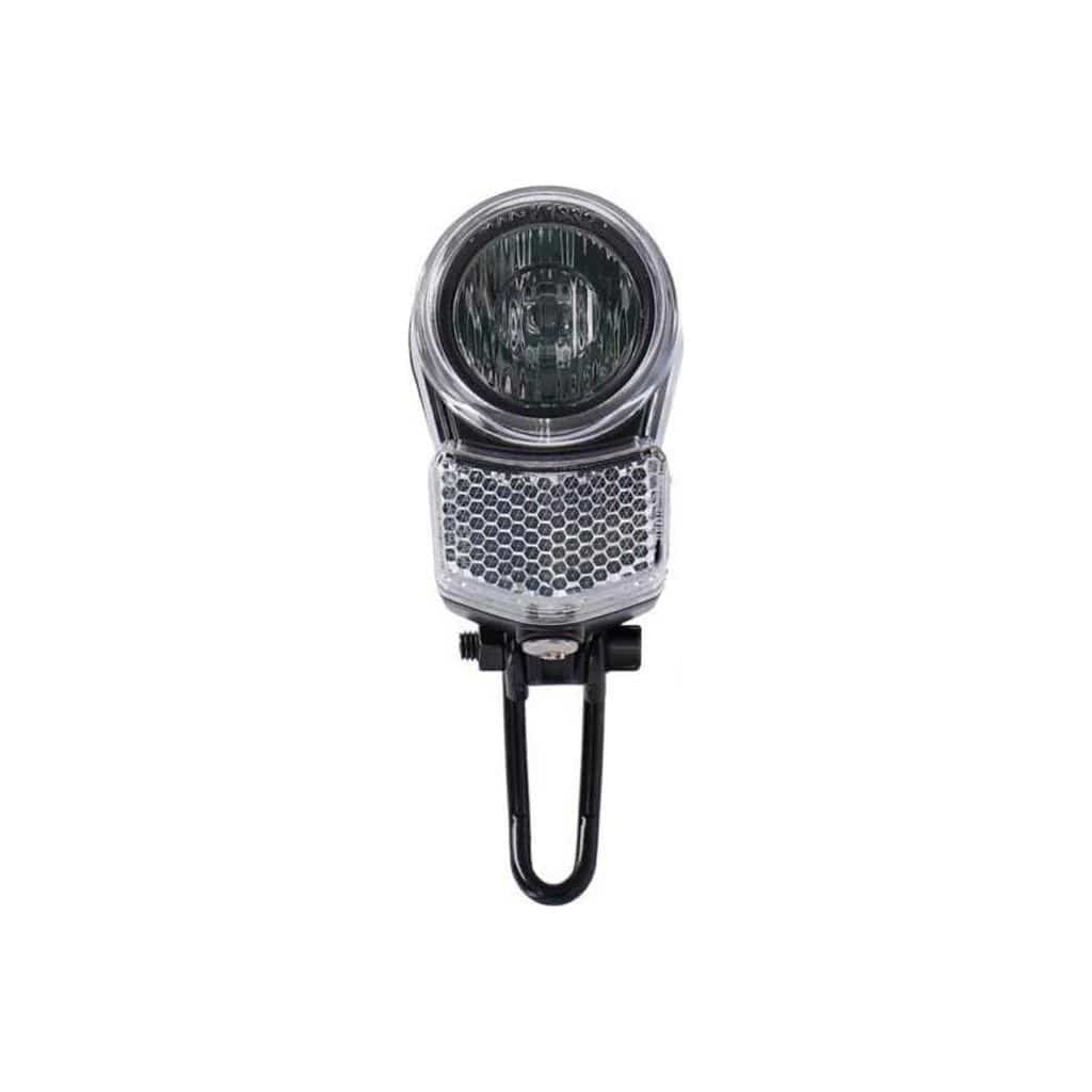 Zwarte XLC led koplamp met batterij, 25 lux voor fietsverlichting, zichtbaar op de afbeelding