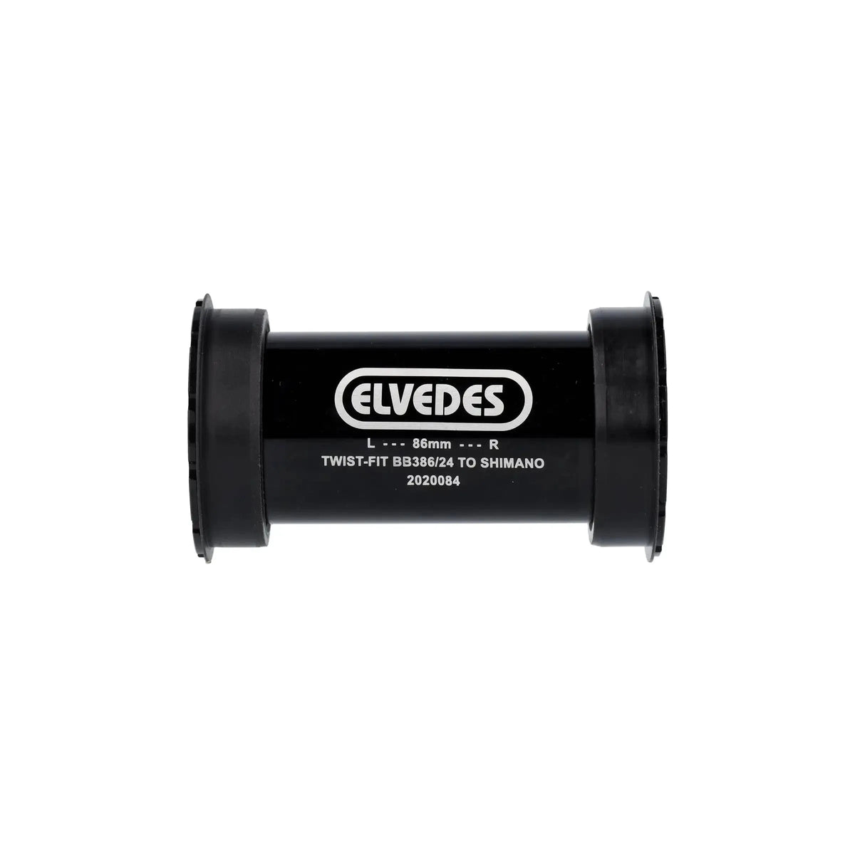 Elvedes Trapas Cupset Twistfit Shimano BB386 in zwart, close-up van de trapas en montageonderdelen voor fietsen.