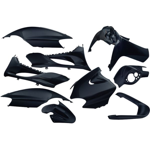 Zwarte Edge 9-delige kappenset voor Yamaha Jog R en Mbk MachG, metallic afwerking, compleet en geschikt voor motoronderhoud