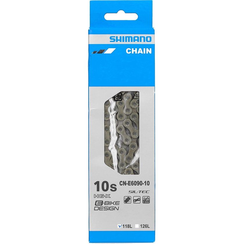 Shimano CN-E6090-10 10-speed ketting voor e-bike Shimano Steps, zichtbaar op de afbeelding.