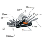 SKS Tom 18 Multitool met 18 functies in neopreen etui, veelzijdig en compact voor reparatie en onderhoud.