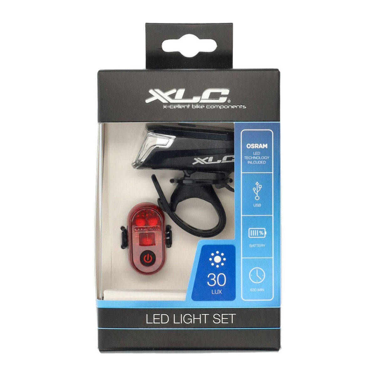 Zwarte XLC Altair CL-S23 LED USB verlichtingsset met lampen en accessoires, geschikt voor fietsen.
