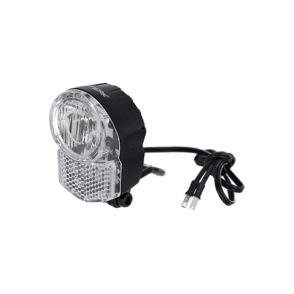 Zwarte XLC koplamp CL-D10 met 25 lux LED, zichtbaar met licht en bevestigingsbeugel aan de voorkant