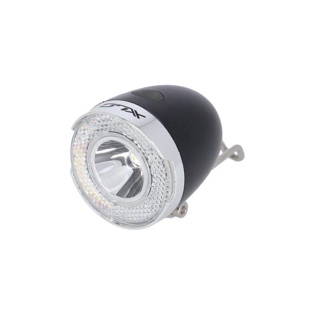 Zwarte XLC koplamp CL-E01 met LED-verlichting, zichtbaar op een fiets, voor goede zichtbaarheid en veiligheid tijdens het fietsen.