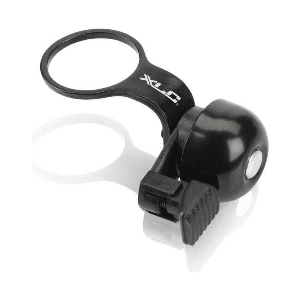 Zwarte XLC fietsbellen met mini Ahead bevestiging voor 11/8" stuur, geschikt voor fietsen.