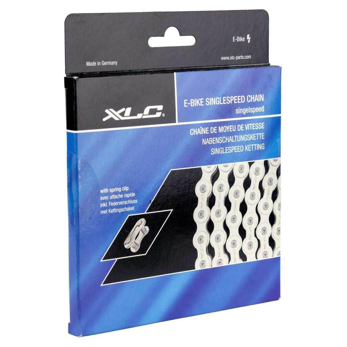 Zilveren XLC ketting CC-C07 voor single speed fietsen, 3/32 inch breed, zichtbaar op afbeelding.