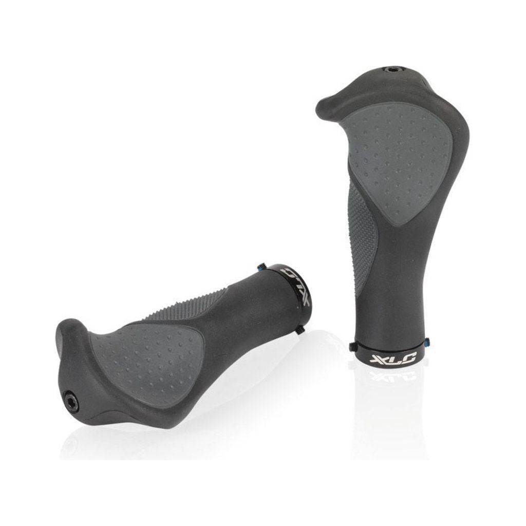 Zwart/grijs XLC Ergo Gr-S22 handvatten met 135/92 mm lengte, geschikt voor fietscomfort en grip.