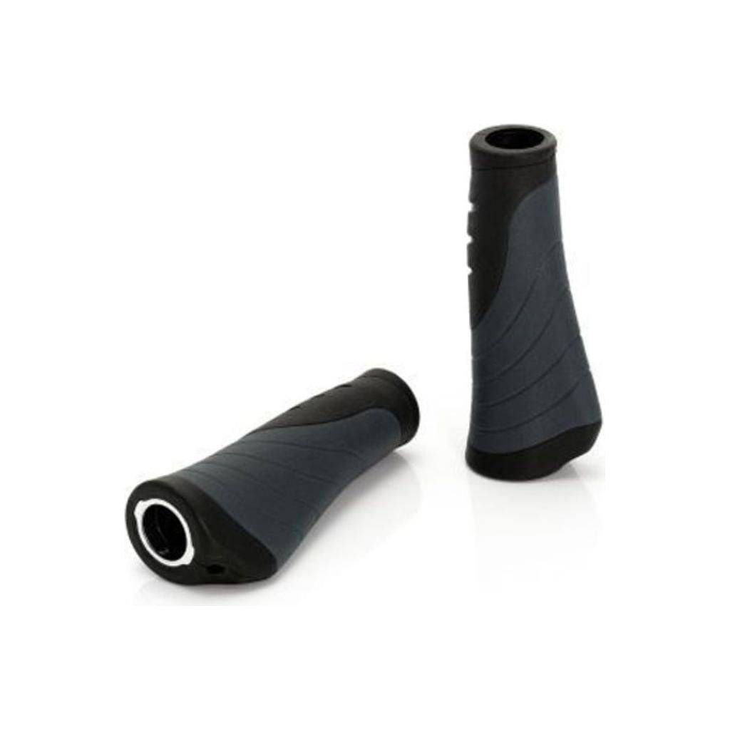 Zwart en grijs XLC Ergo handvat met 135 mm lengte, geschikt voor fietsstel, zichtbaar in de afbeelding.